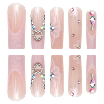 Floral Heart Removable Nail Tips, Trendy Finished Nails