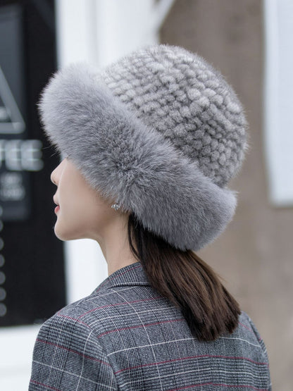 Warm Mink Fur Hat with Fox Pom Pom - Ear Flap Design