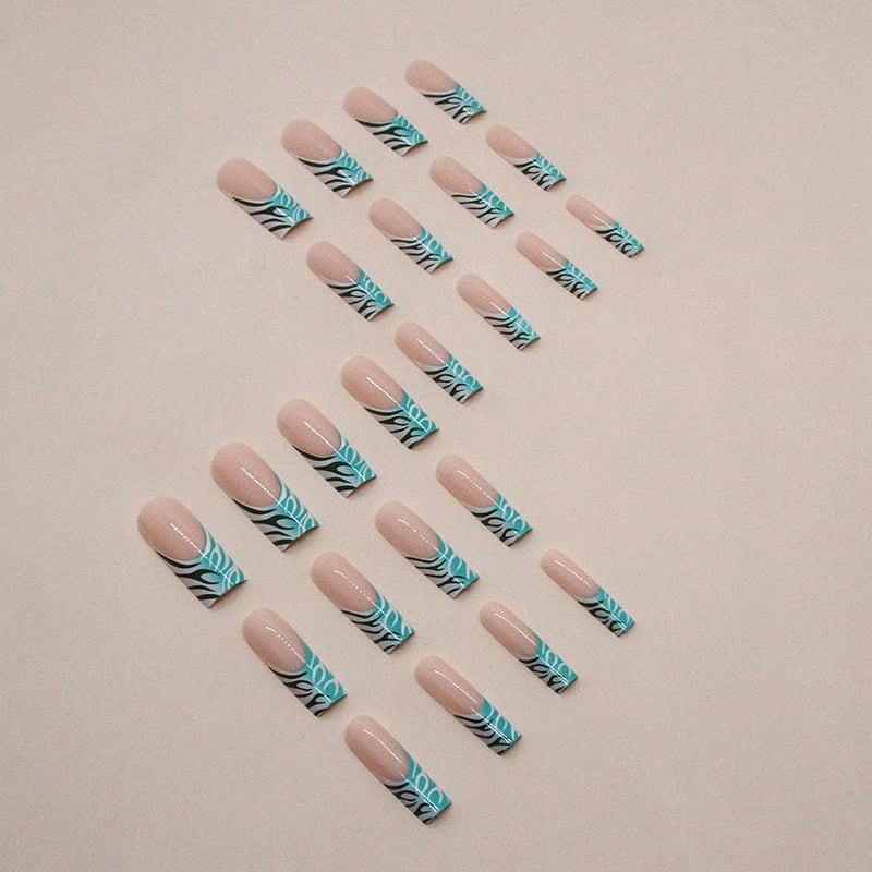 Green and White Irregular Line Mid-Length Nails for Elegant Look