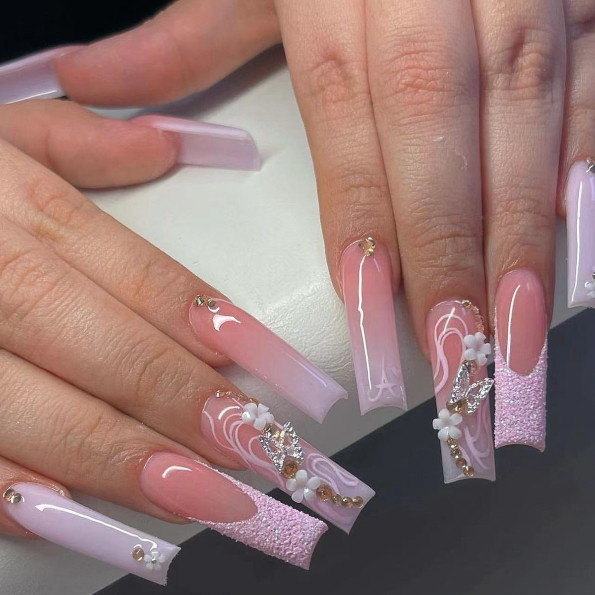 Long Gradient Nail Tips with Flowers, Rhinestones, Butterfly