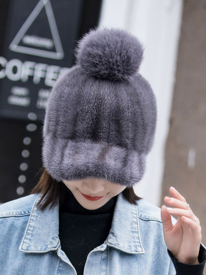 Warm Mink Fur Hat - Fox Pom Pom Baseball Cap