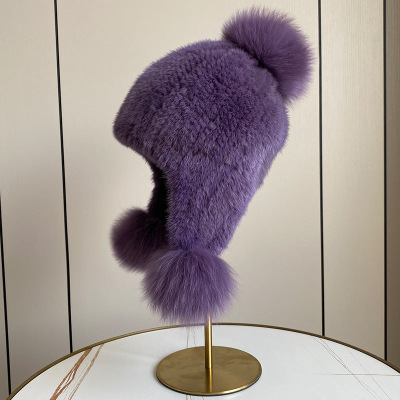 Warm Mink Fur Hat with Fox Fur Pom Pom - Winter Accessory