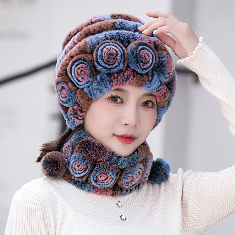 Warm Real Rabbit Fur Ear Flap Hat & Scarf Set