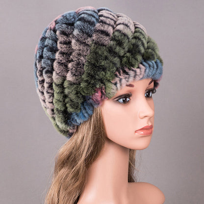 Real Rabbit Fur Knit Winter Hat - Warm Earmuffs Included"