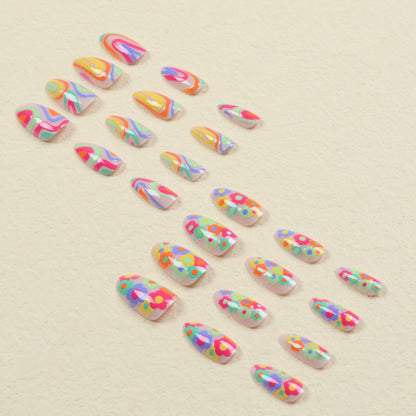 Rainbow Striped Nail Tips with Mini Flowers