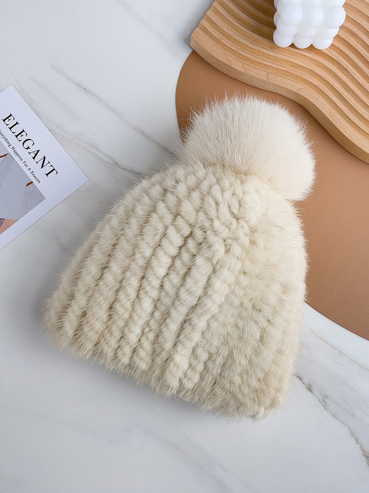 Versatile Mink Fur Knit Winter Hat with Fox Pom Pom