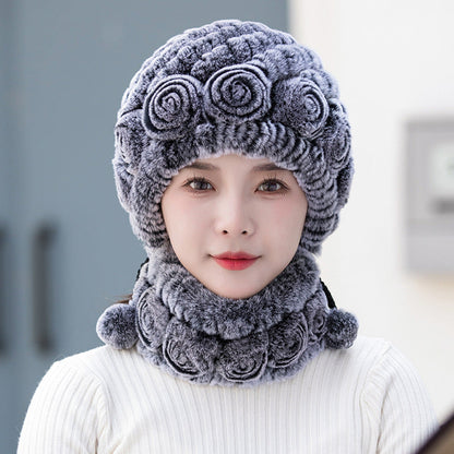 Warm Real Rabbit Fur Ear Flap Hat & Scarf Set