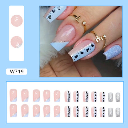 Blue White Triangle French Heart Polka Dot Pink Square Nails Euro Glitter Fake Nails-homeunderwear