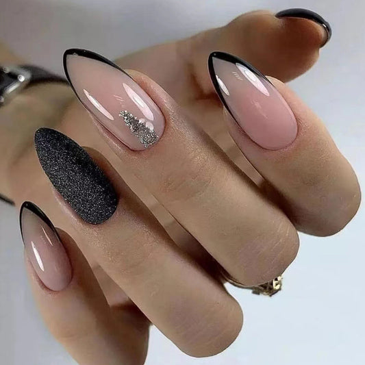 Chic Black French Almond Nails Ins Style Edgy Fashion Wearable-homeunderwear