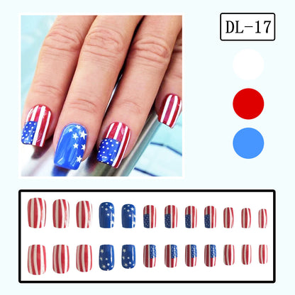 4th of July Red White Blue French Square Nails with Flag Design