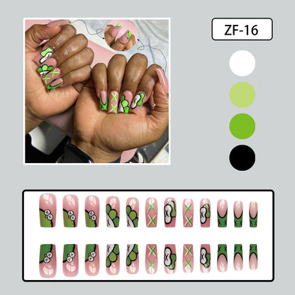 Spring Green French Nails with Cartoon Patterns