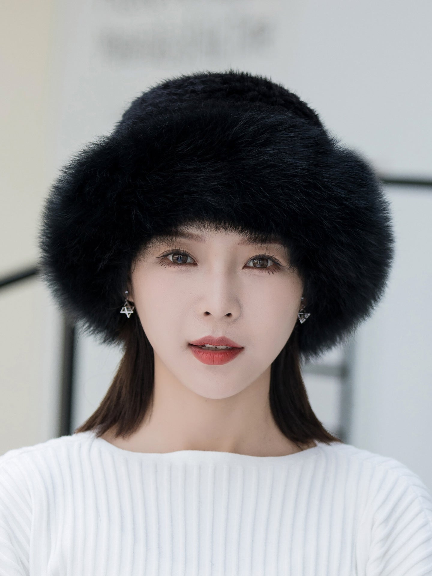 Warm Mink Fur Hat with Fox Pom Pom - Ear Flap Design