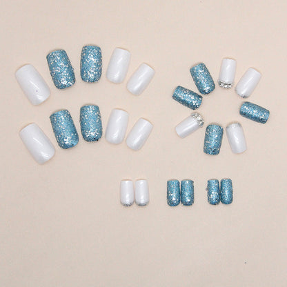 Square Aurora White Nails, Sparkling Blue Diamonds