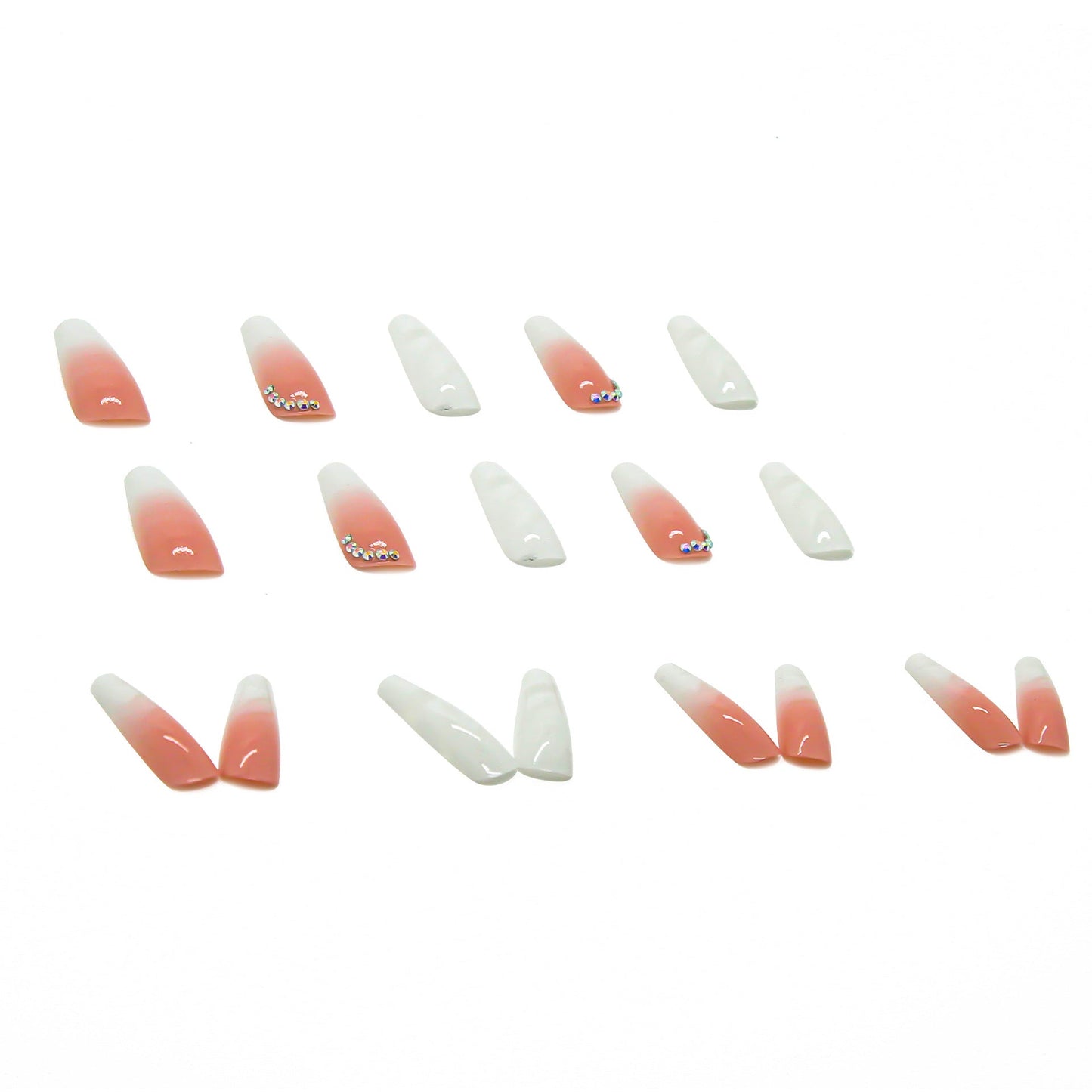 White Ombre Nail Tips with Rhinestones, Removable