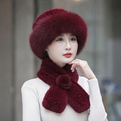 Women's Winter Warm Otter Rabbit Fur Bucket Hat & Scarf Set