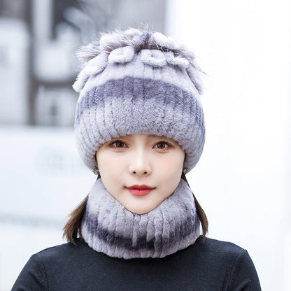 Winter Real Rabbit Fur Hat & Neck Warmer Set