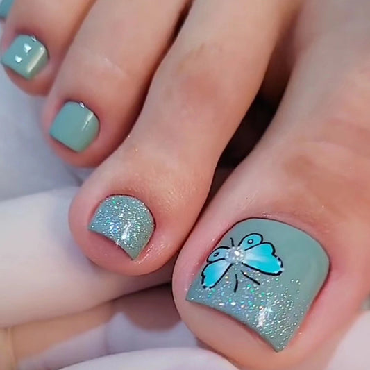 Spring/Summer New Haze Green Shiny Nails, Silver Blue Butterfly, Foot Nails-Homeunderwear