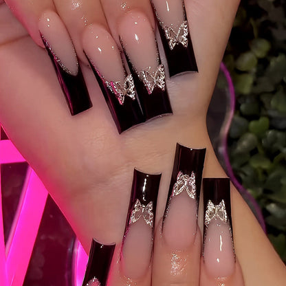 Extra Long Black Border Butterfly Rhinestone Nail Tips