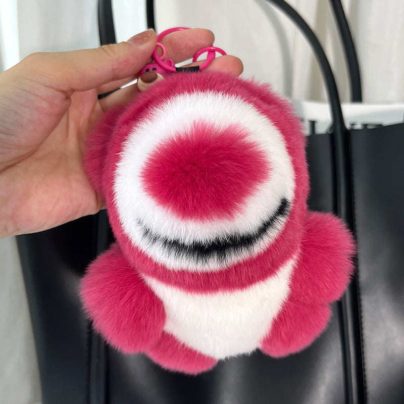 Cute Real Rabbit Fur Strawberry Bear Keychain - Car Accessory