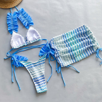 Chic Ruffle Trim Three-Piece Bikini Set Swimwear