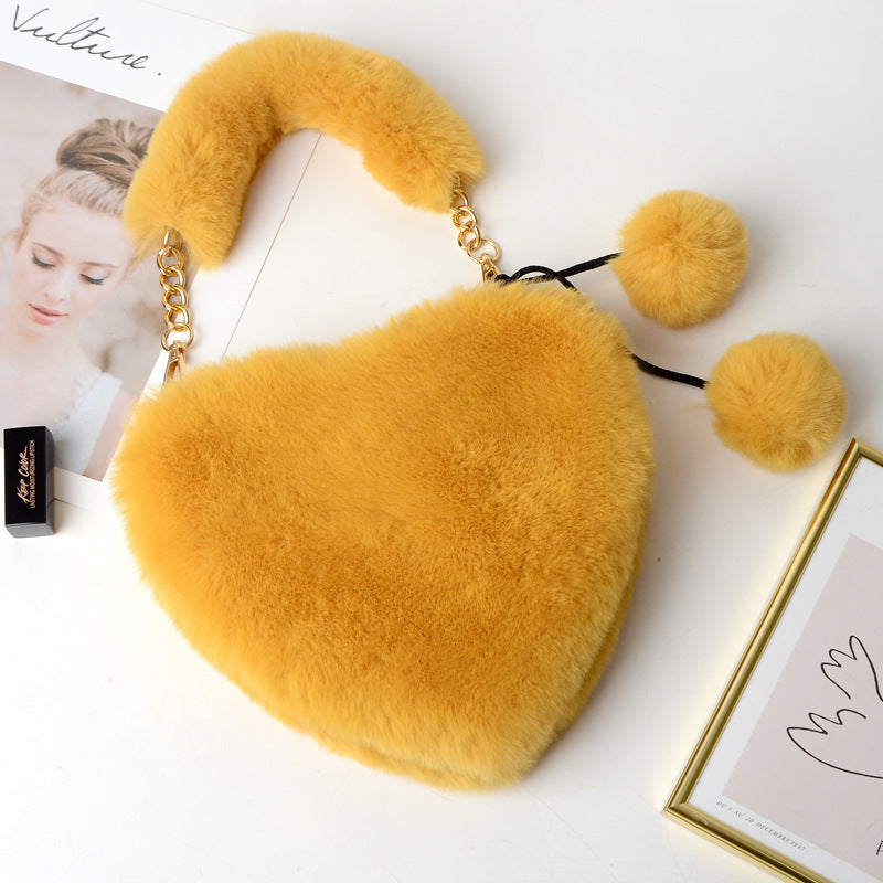 Trendy Heart Shaped Fuzzy Handbag, Clutch