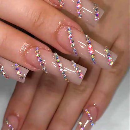 Long French Nail Tips with Skin-Tone Glitter