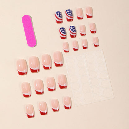 Independence Day Wear Nail Square Red White Blue Stars and Stripes Design Removable Finished Fake Nails-homeunderwear