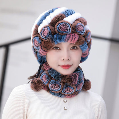 Warm Real Rabbit Fur Ear Flap Hat & Scarf Set