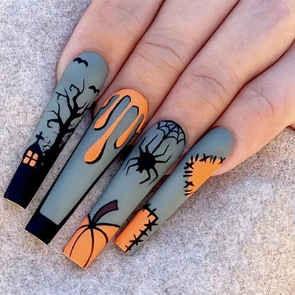 Long Halloween Nail Tips with Spider Web Design