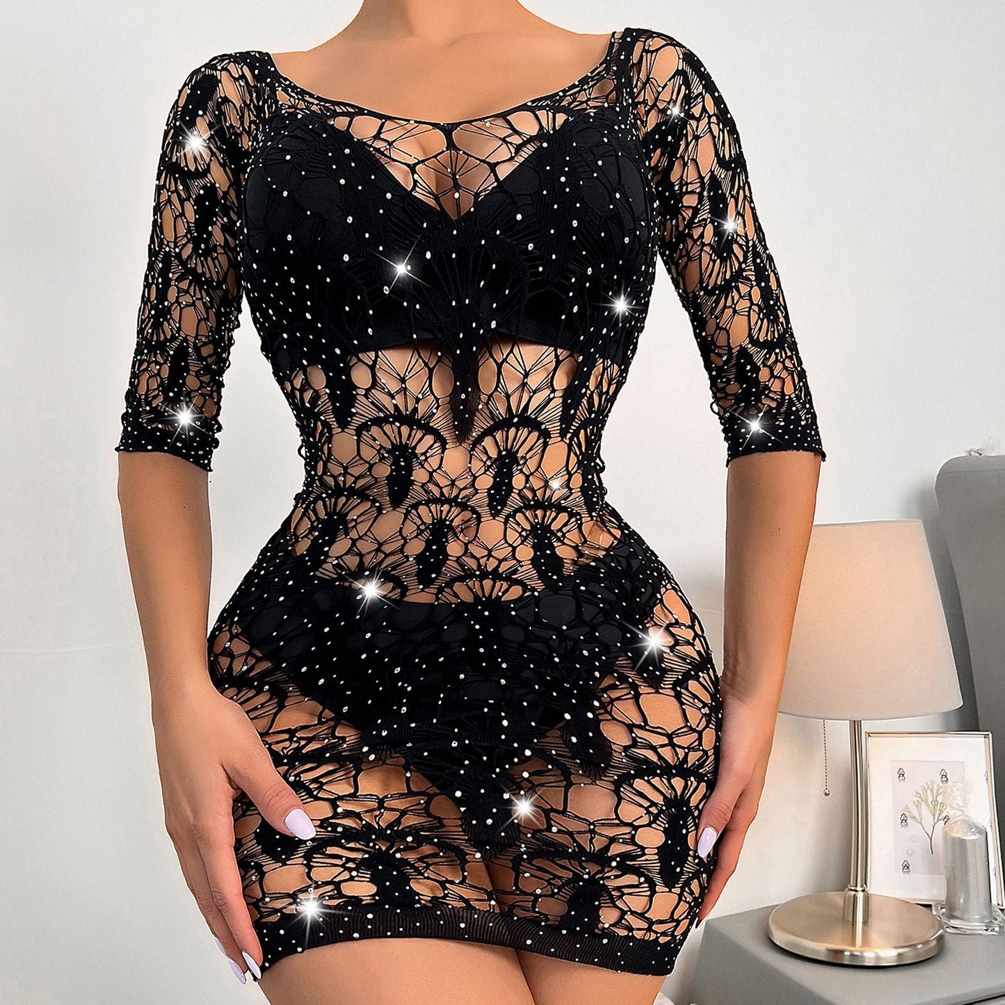 Free Shipping For Hot Diamond Spider See-through Rhinestone Bodysuit