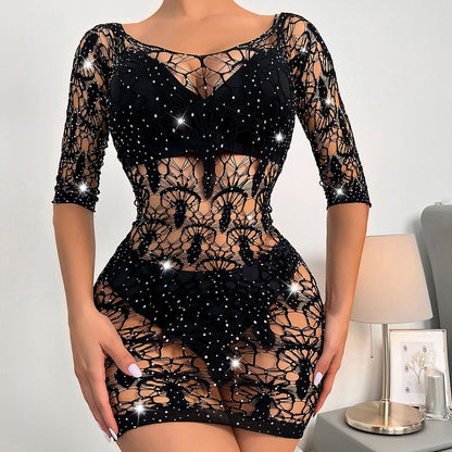 Free Shipping For Hot Diamond Spider See-through Rhinestone Bodysuit