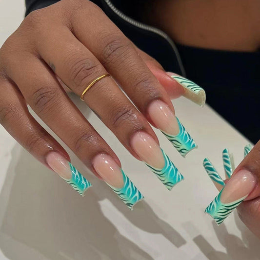 Green and White Irregular Line Mid-Length Nails for Elegant Look