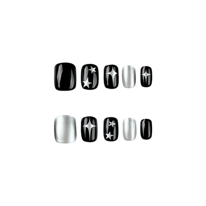 Y2K Black Silver Star Nails, Short Wear-On Tips