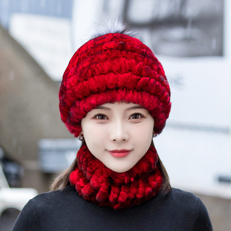 Warm Real Rabbit Fur Ear Flap Hat & Scarf Set