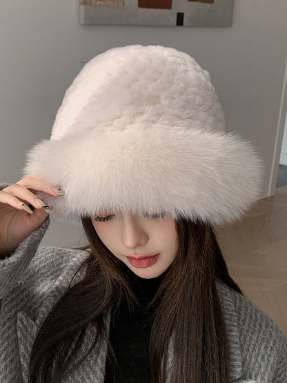 Cute Real Rabbit Fur Hat with Fox Trim - Winter Warmth