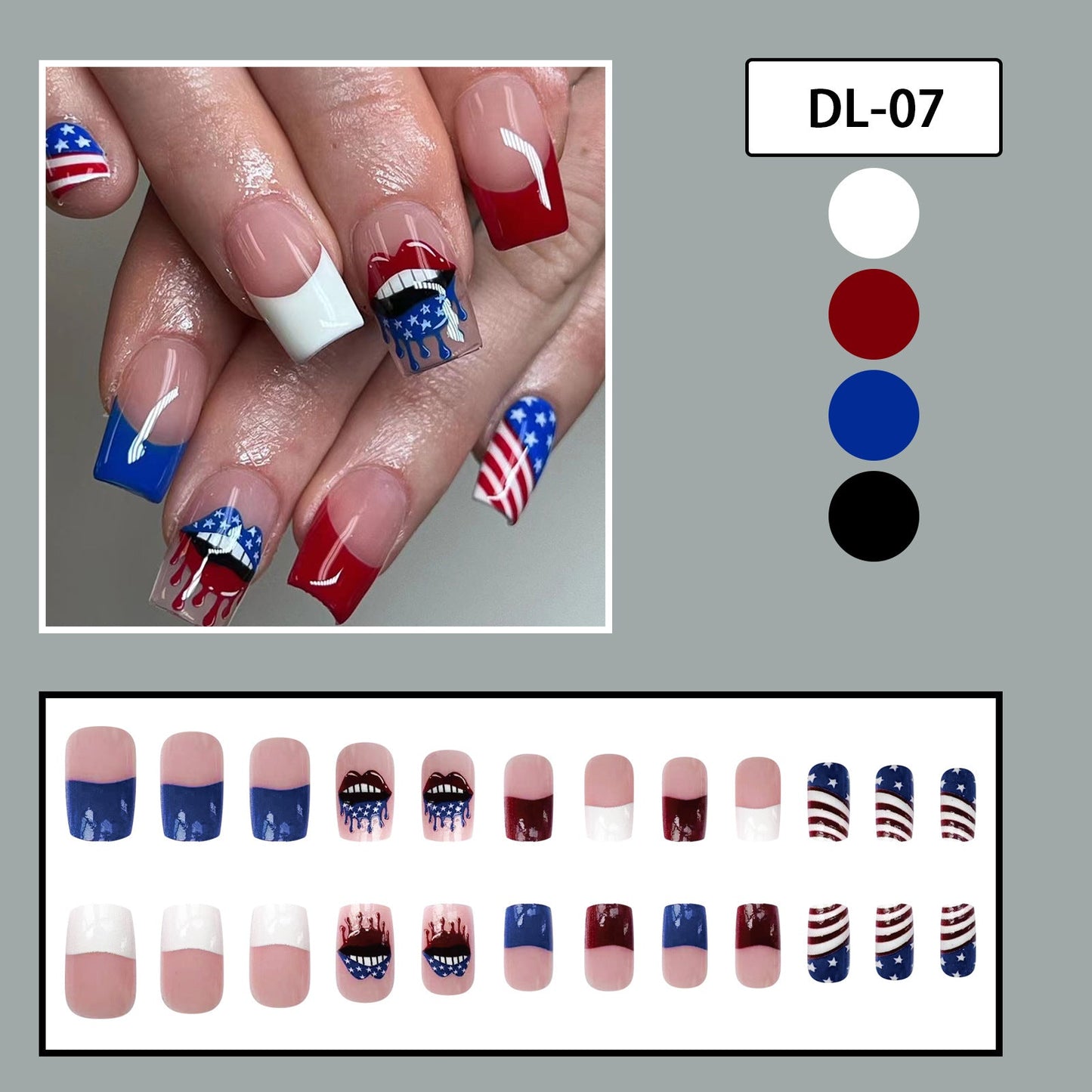 4th of July Red White Blue French Lips Flag Nails