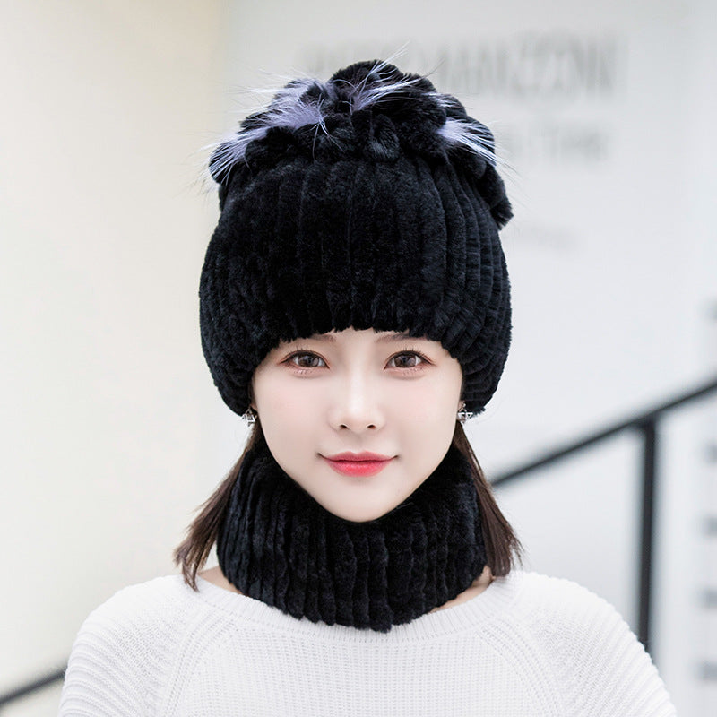 Warm Real Rabbit Fur Ear Flap Hat & Scarf Set