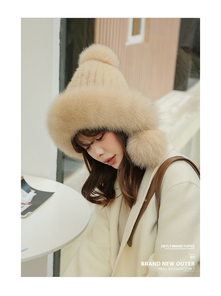 Cute Fox Fur Pom Pom Hat - Women's Winter Ear Flap Hat