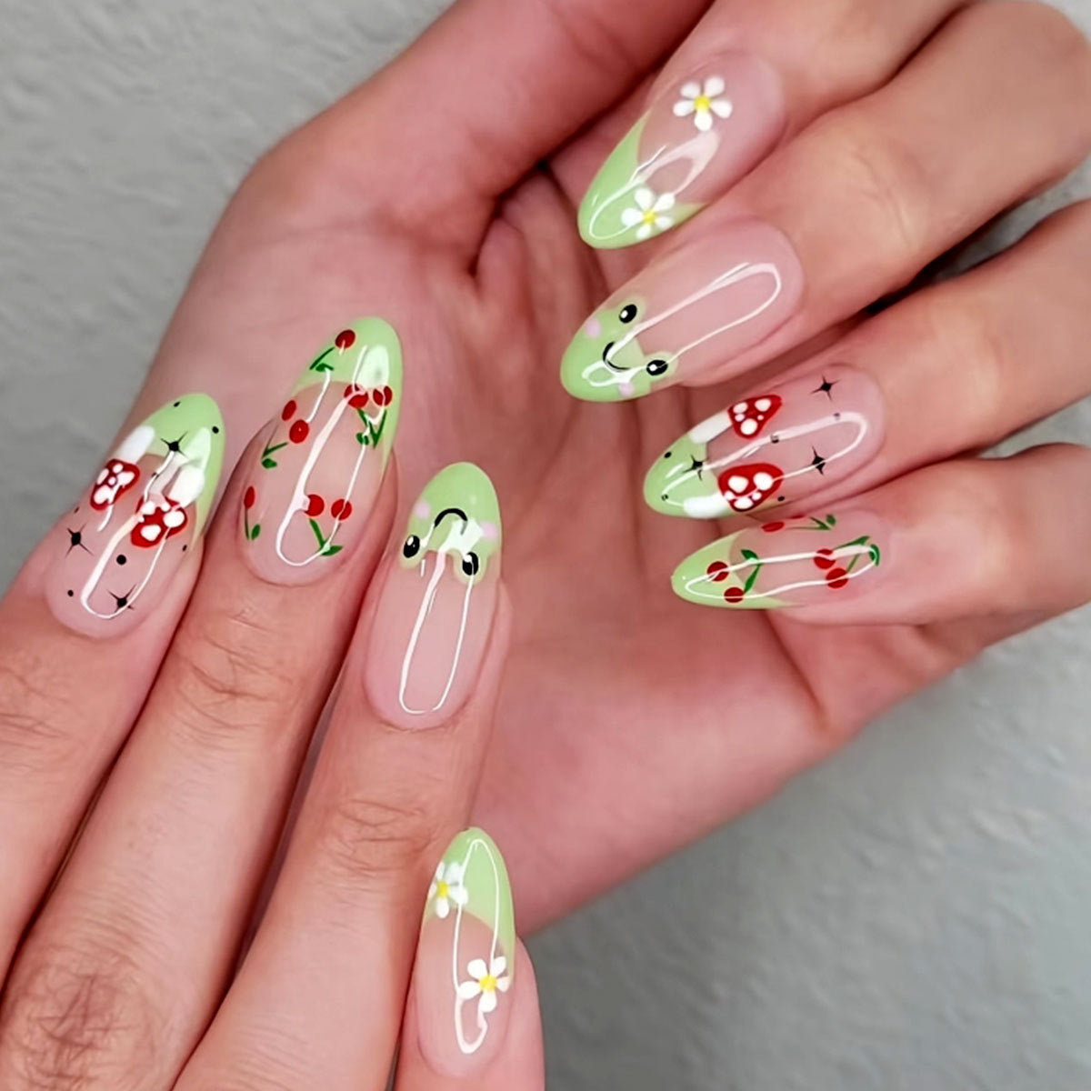 Almond Fresh Green French Cherry Blossom Frog Detachable Fake Nails-homeunderwear