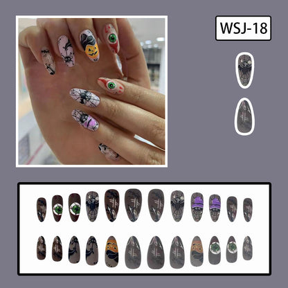 Medium Almond Matte Nails with Halloween Cartoon Designs