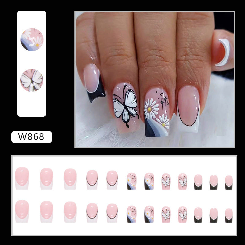 Sweet Cool Ins Style Black White Ombre French Butterfly Nails Euro Fashion Mid-Length-homeunderwear