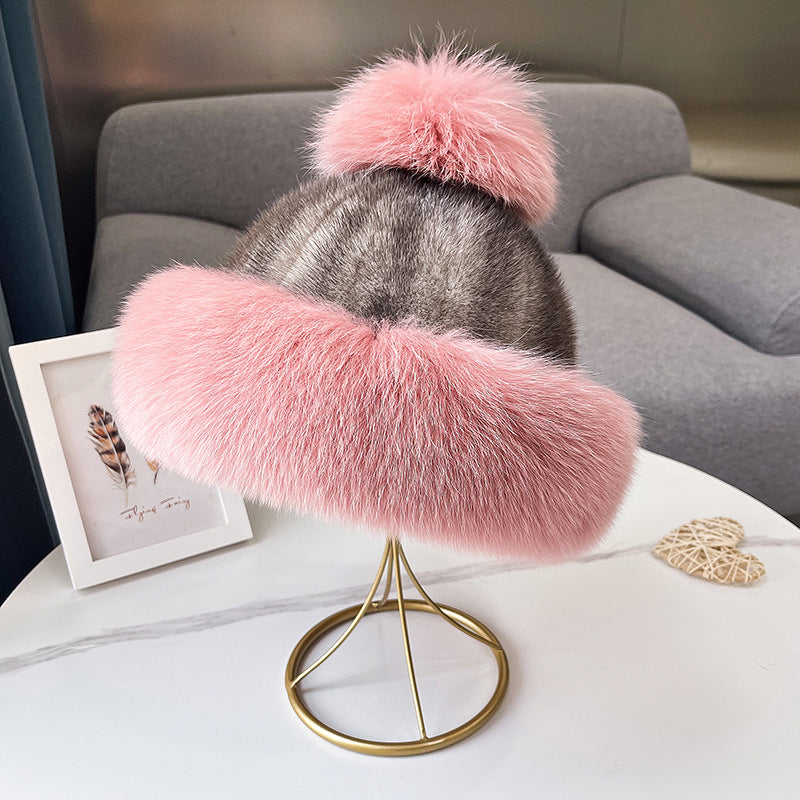 Warm Mink Fur Hat with Fox Fur Ear Flaps