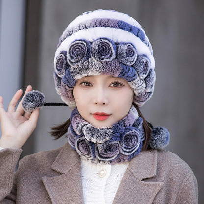 Warm Real Rabbit Fur Ear Flap Hat & Scarf Set