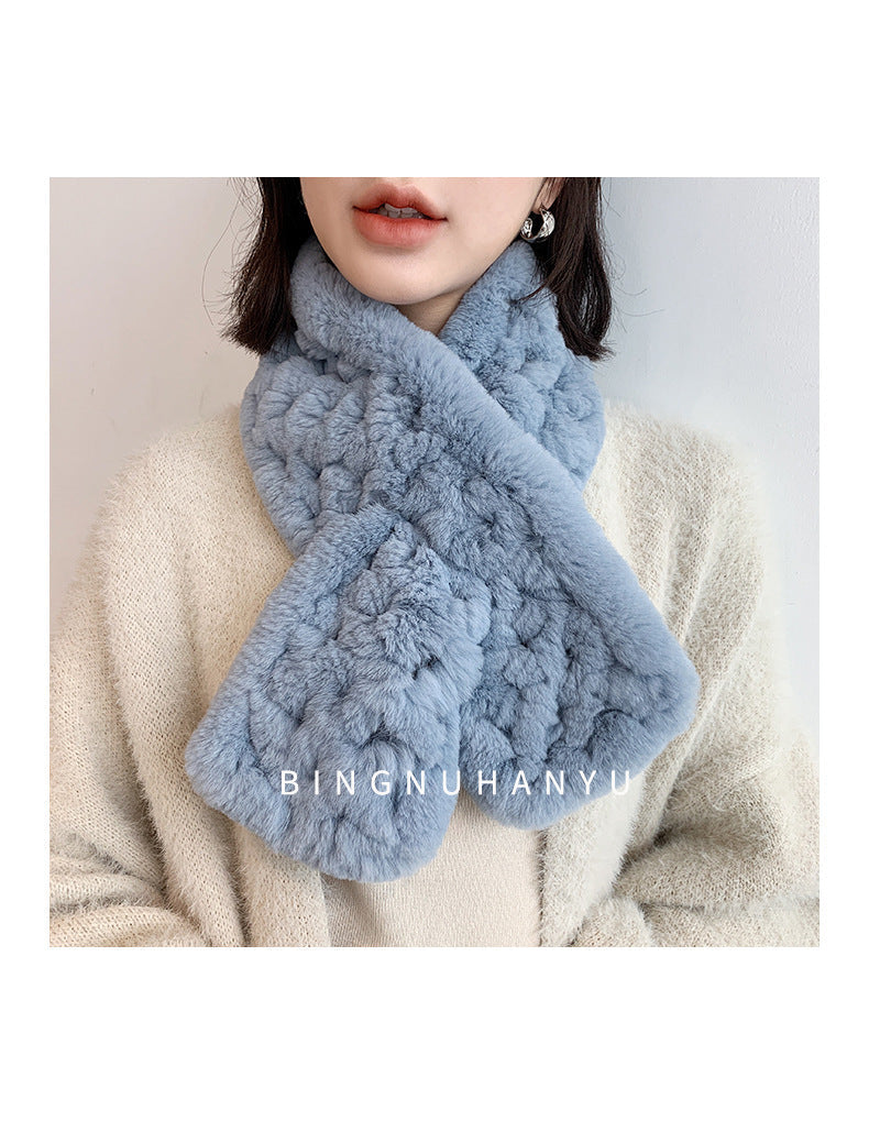 Real Rabbit Fur Scarf with Diamond Pattern - Winter Warmth