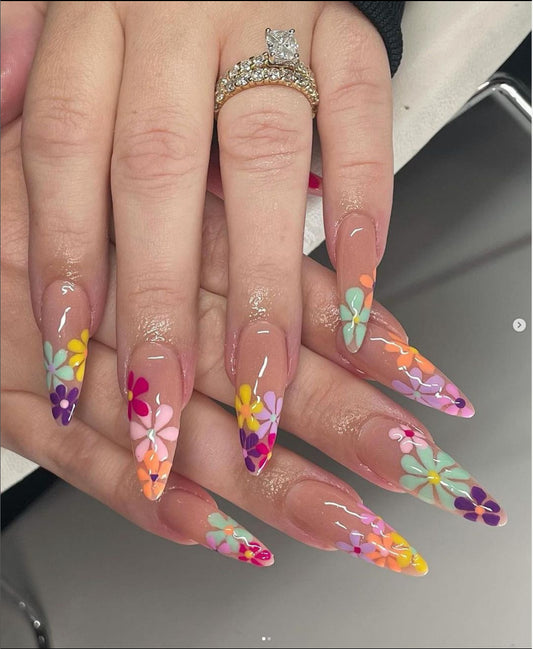 Long Digital Printed Floral Nail Tips, Summer Chic