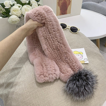 Real Rabbit Fur Fox Pom Pom Scarf - Winter Warmth & Style