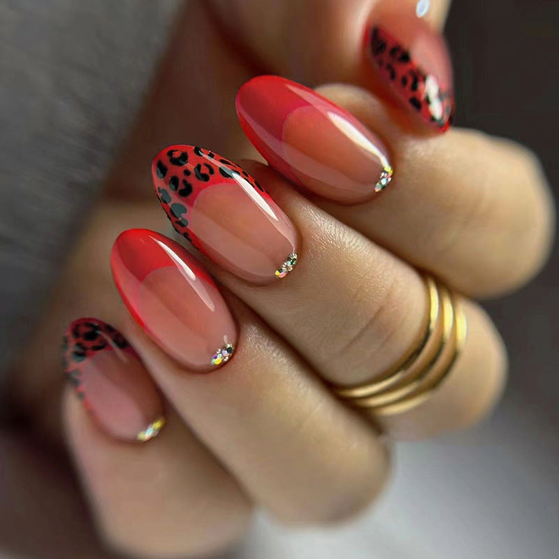 Vibrant Red Round Leopard French Fall Nails with Rhinestones