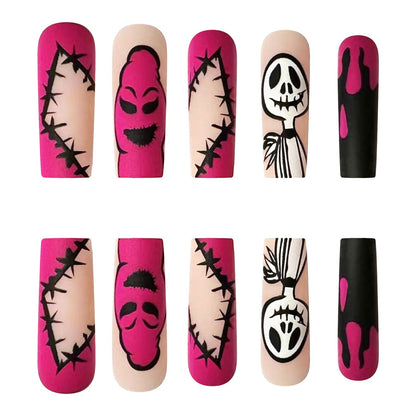 Long Pink Ghost Skull Halloween Nail Tips for Trendy Girls