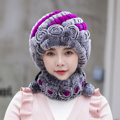 Warm Real Rabbit Fur Ear Flap Hat & Scarf Set