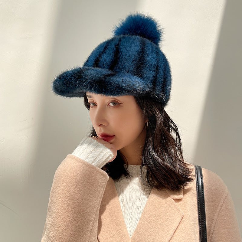 Warm Mink Fur Baseball Cap with Fox Pom Pom - Winter Fashion